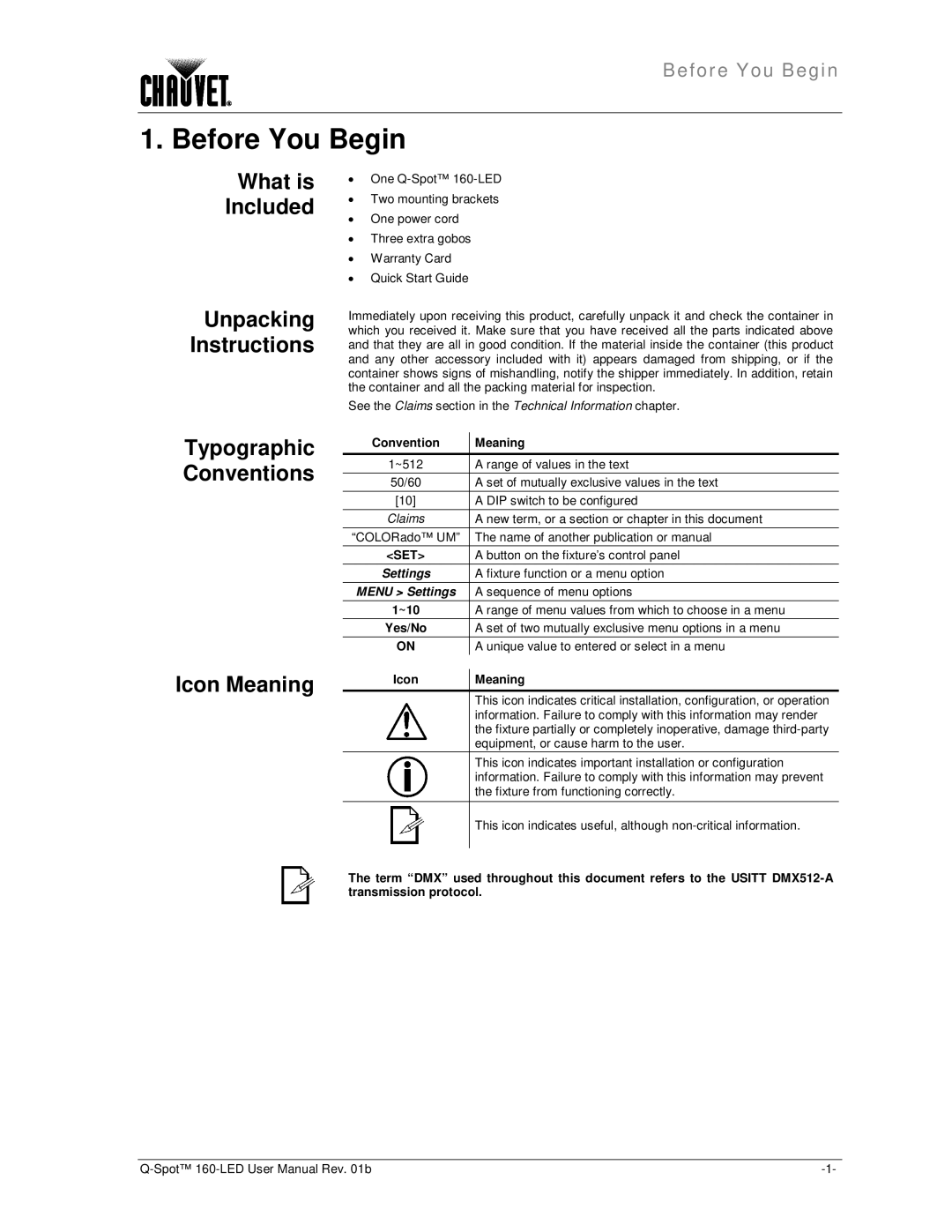Chauvet 160-LED Before You Begin, What is Included, Icon Meaning, Unpacking Instructions, Typographic Conventions 