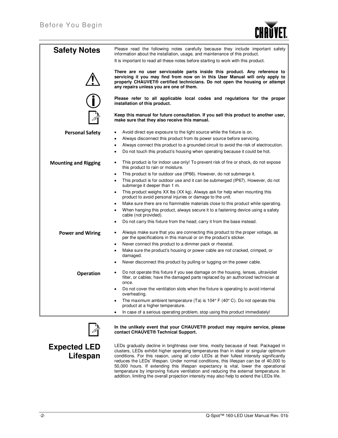 Chauvet 160-LED user manual Safety Notes, Expected LED Lifespan 