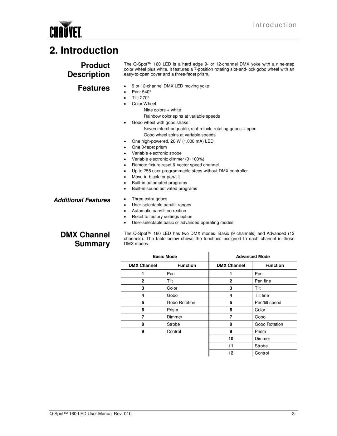 Chauvet 160-LED user manual Introduction, Product Description Features, DMX Channel Summary, Additional Features 