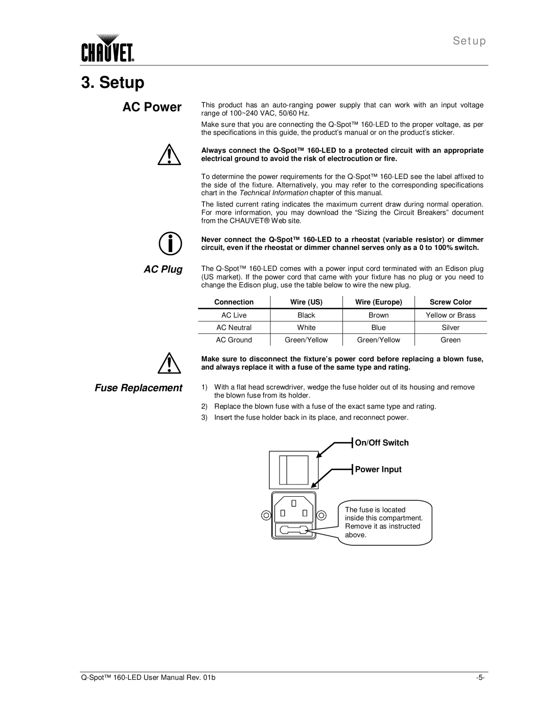 Chauvet 160-LED user manual Setup, AC Power, AC Plug, Fuse Replacement, Connection Wire US Wire Europe Screw Color 