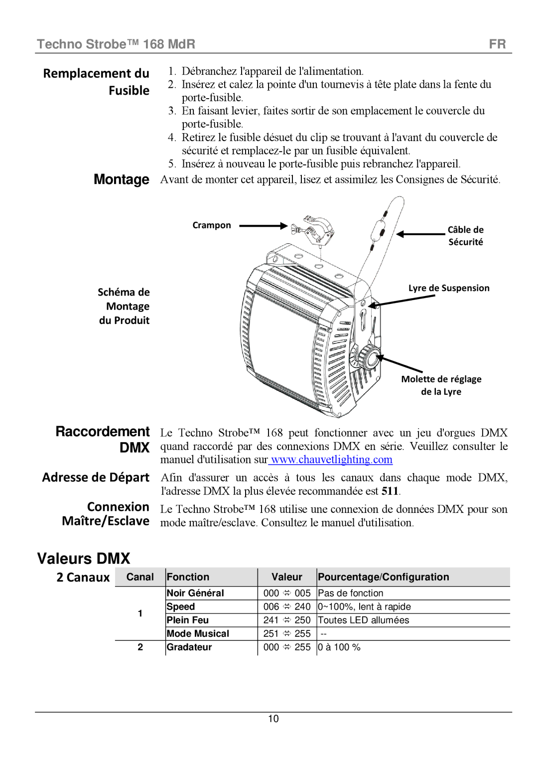 Chauvet 168 manual Valeurs DMX, Montage, Raccordement, Adresse de Départ Connexion Maître/Esclave, Canaux 