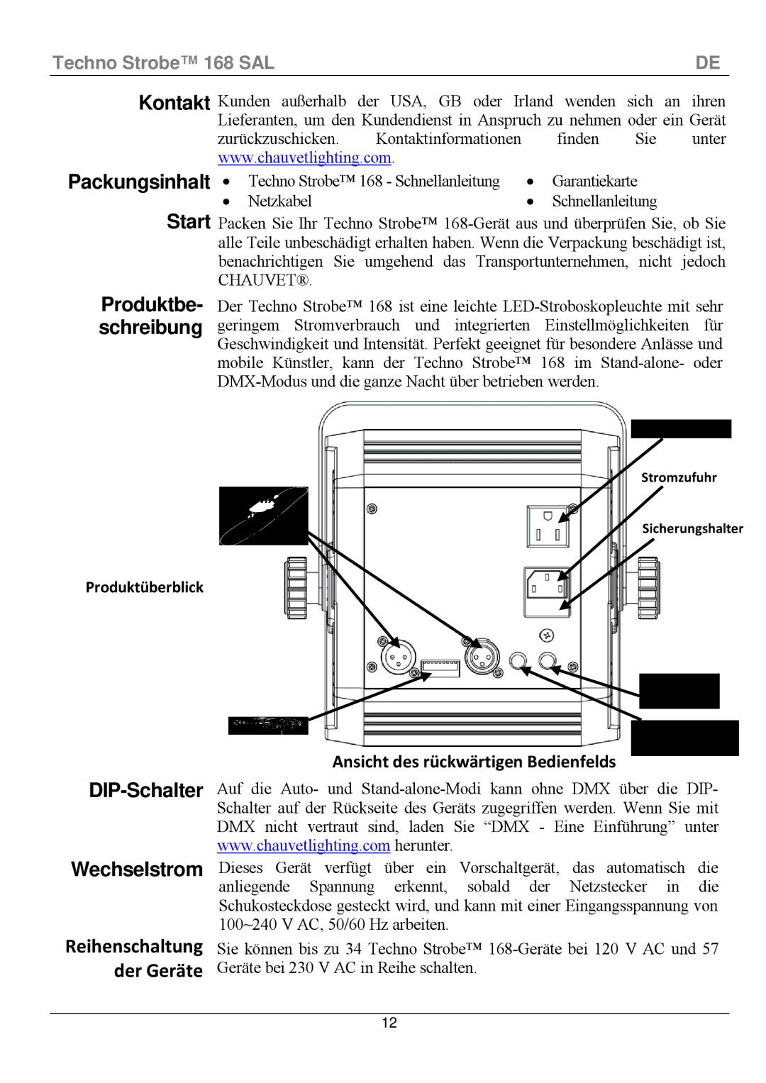 Chauvet 168 manual Packungsinhalt Start, DIP-Schalter Wechselstrom, Reihenschaltung Der Geräte, Produktbe- schreibung 