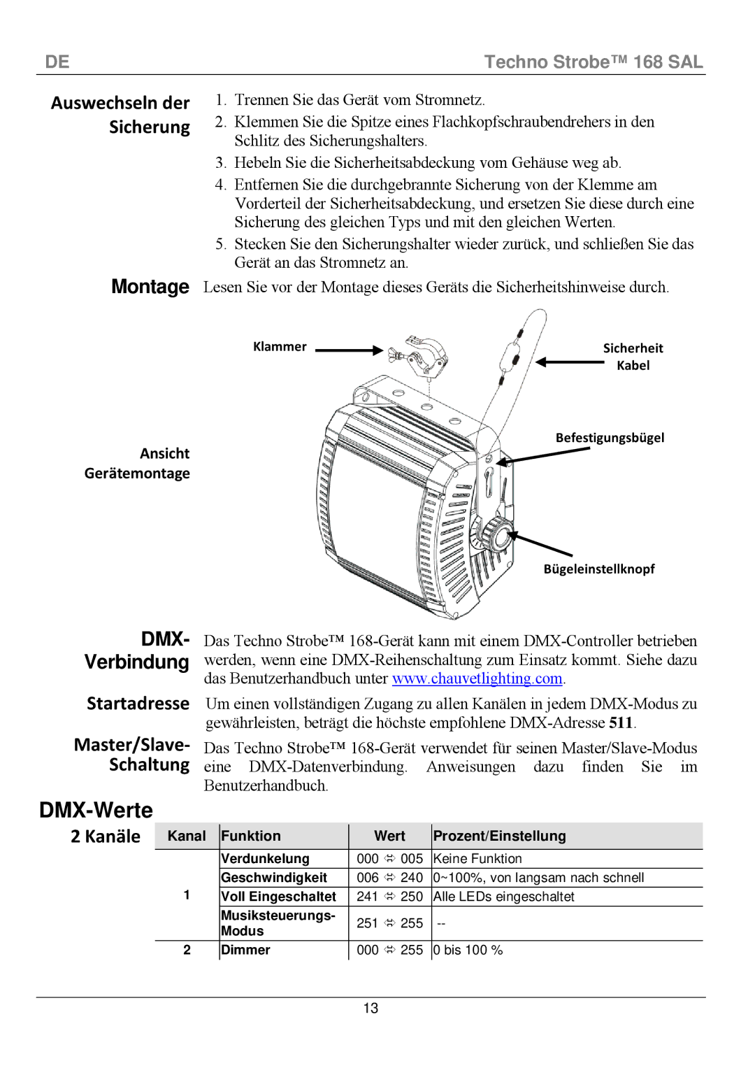 Chauvet 168 DMX-Werte, Verbindung, Startadresse Master/Slave Schaltung, Kanäle, Kanal Funktion Wert Prozent/Einstellung 