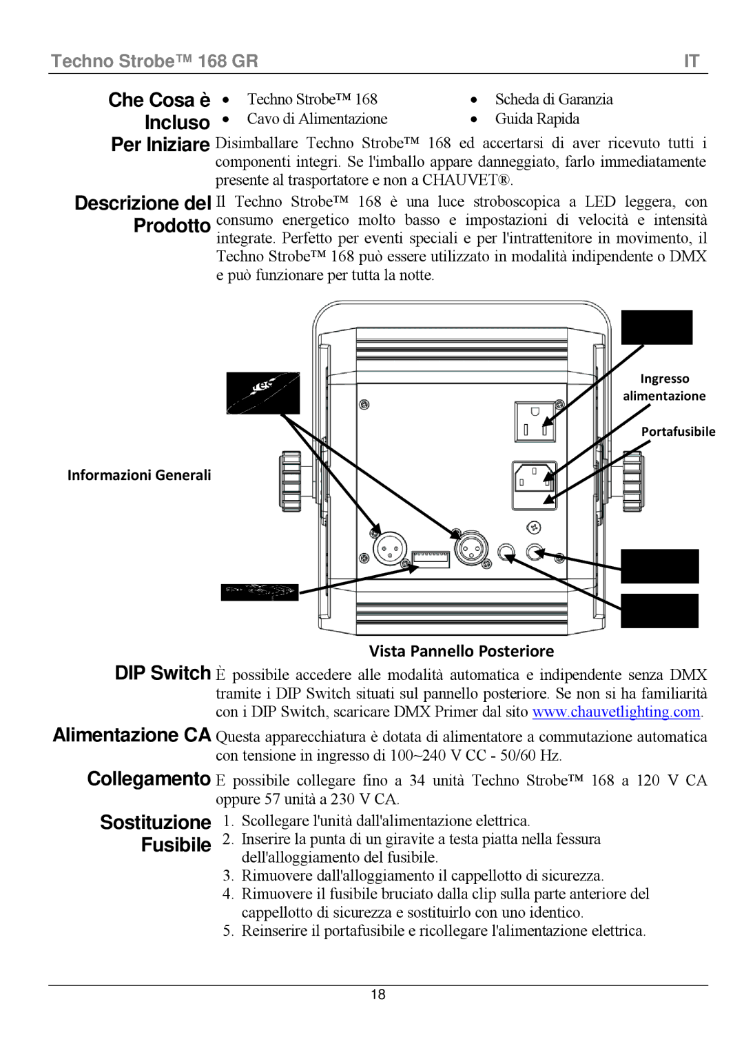 Chauvet 168 manual Che Cosa è, Incluso, Sostituzione Fusibile 