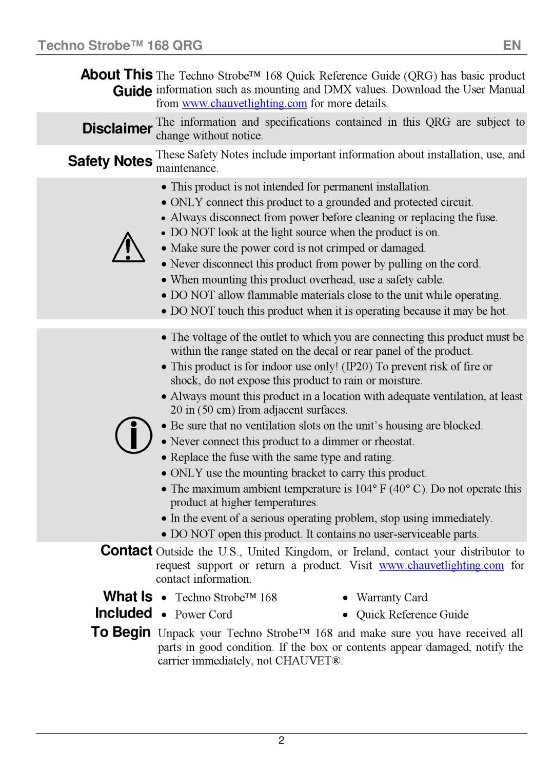 Chauvet 168 manual What Is, Included 