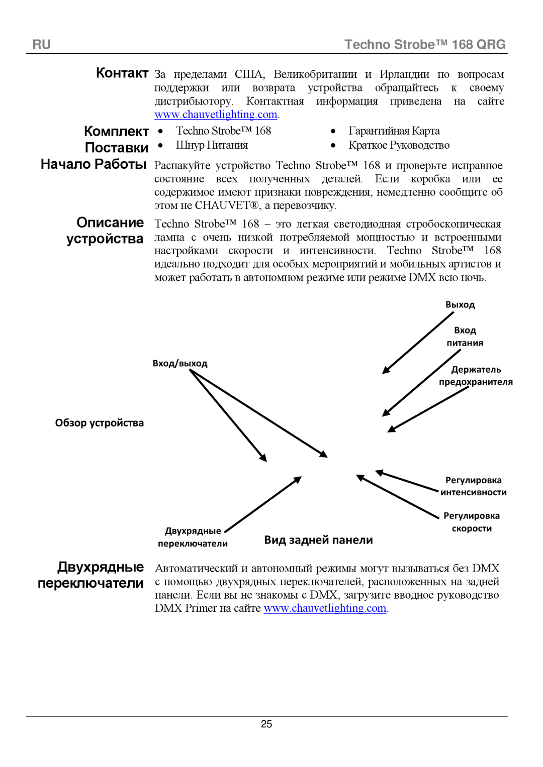 Chauvet 168 manual Контакт Комплект Поставки Начало Работы Описание Устройства, Двухрядные Переключатели 