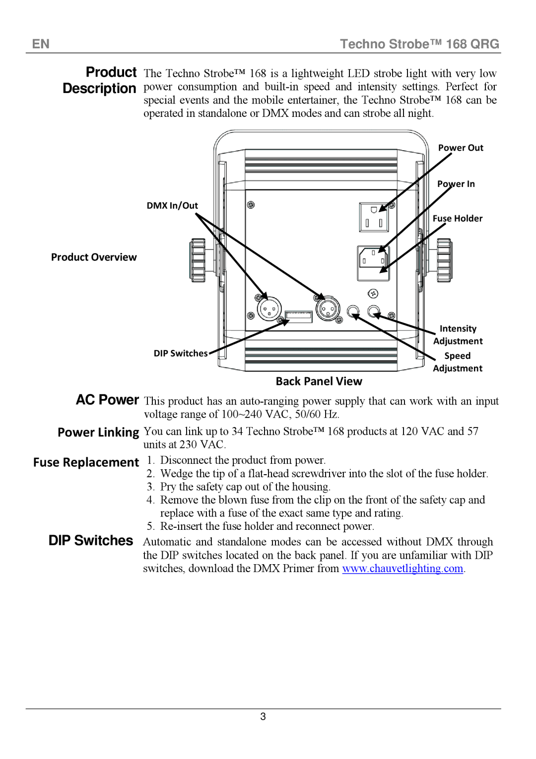 Chauvet 168 manual Product Description, AC Power, Power Linking Fuse Replacement, DIP Switches 