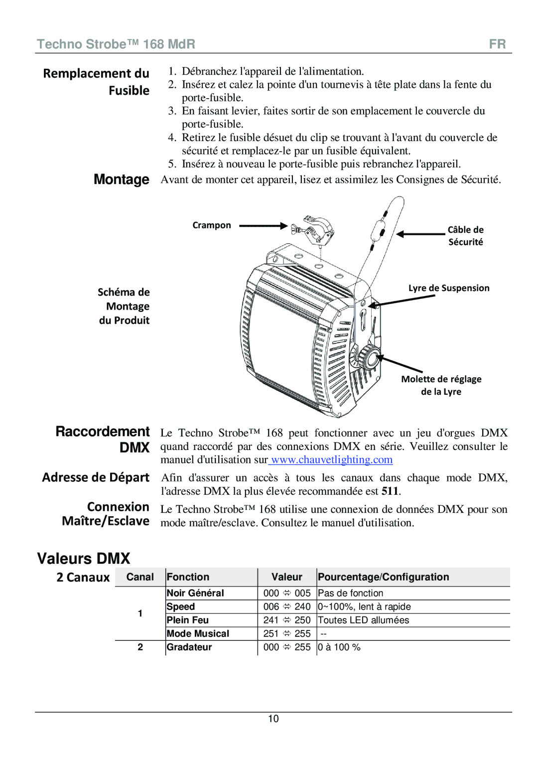 Chauvet 168 manual Valeurs DMX, Montage, Raccordement, Adresse de Départ Connexion Maître/Esclave, Canaux 