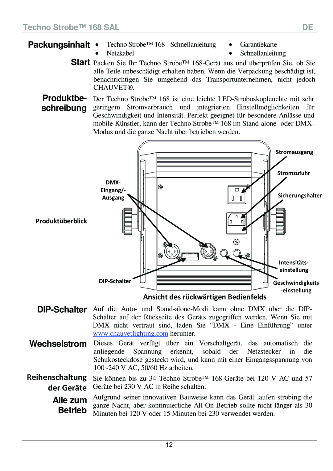 Chauvet 168 manual Packungsinhalt Start, DIP-Schalter Wechselstrom, Reihenschaltung Der Geräte, Alle zum Betrieb 