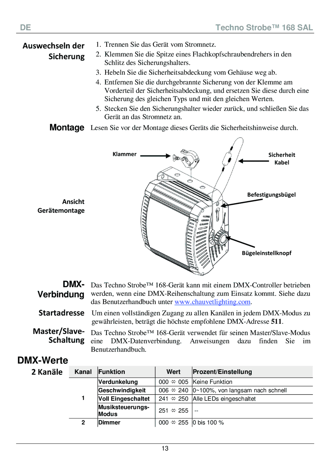 Chauvet 168 DMX-Werte, Verbindung, Startadresse Master/Slave Schaltung, Kanäle, Kanal Funktion Wert Prozent/Einstellung 