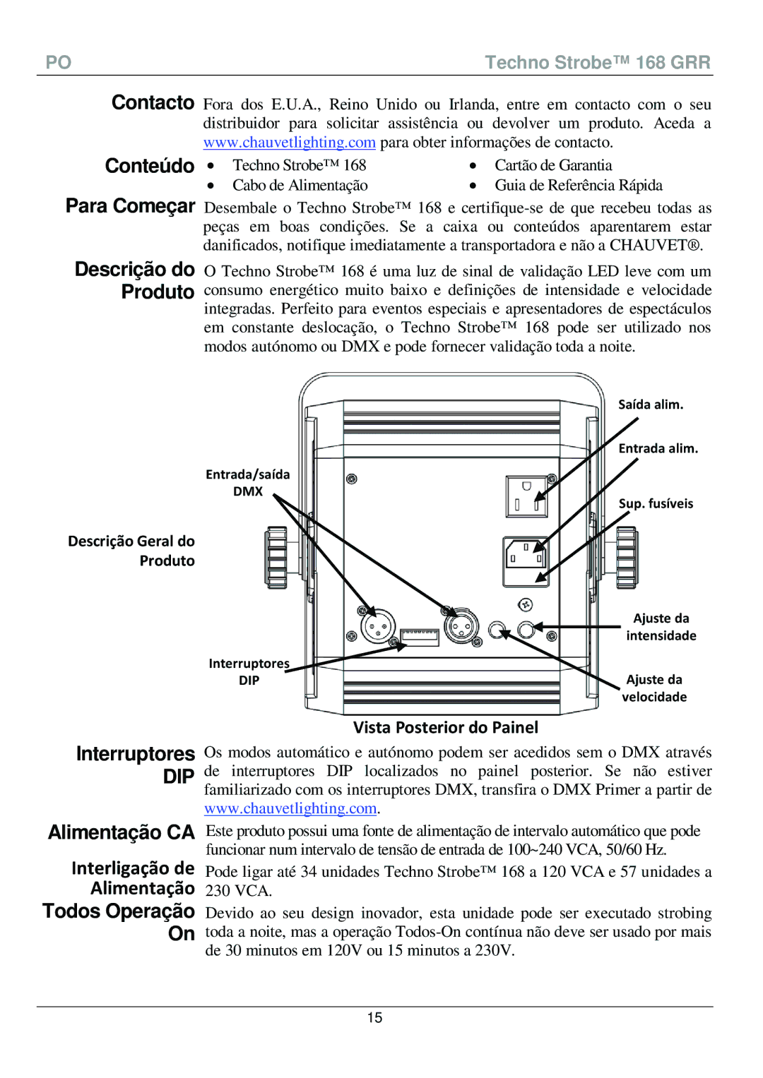 Chauvet 168 manual Contacto Conteúdo Para Começar, Interruptores, Alimentação CA, Todos Operação, Descrição do Produto 