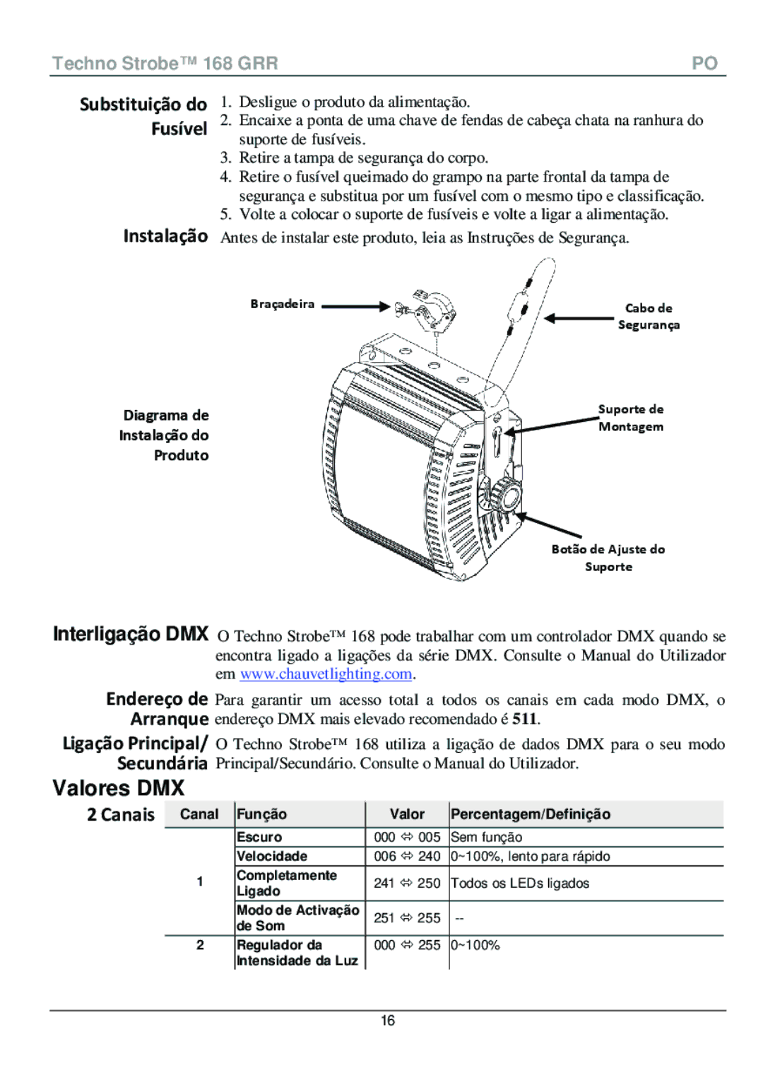 Chauvet 168 manual Instalação, Canais, Canal Função Valor Percentagem/Definição 