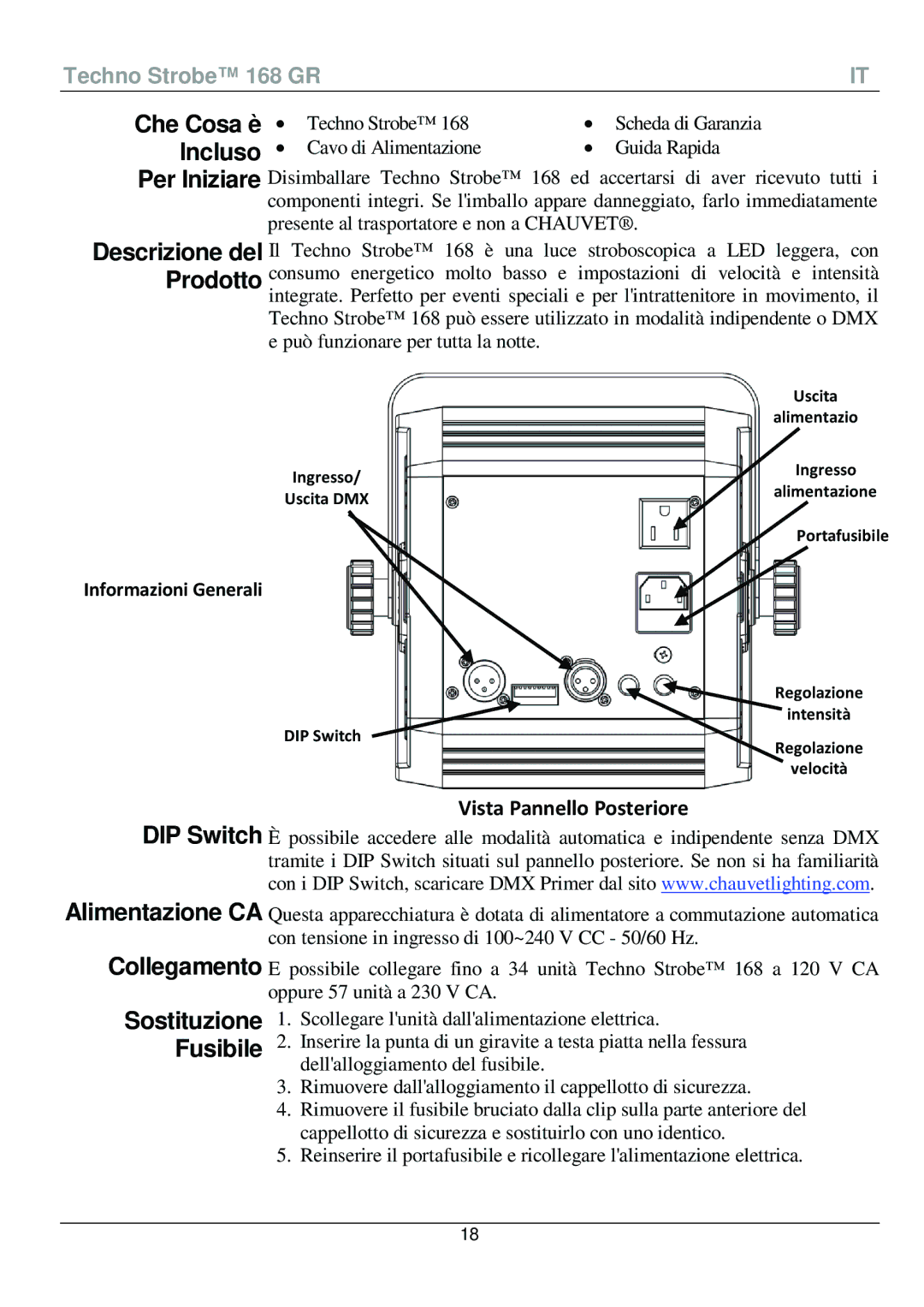 Chauvet 168 manual Che Cosa è, Incluso, Sostituzione Fusibile 