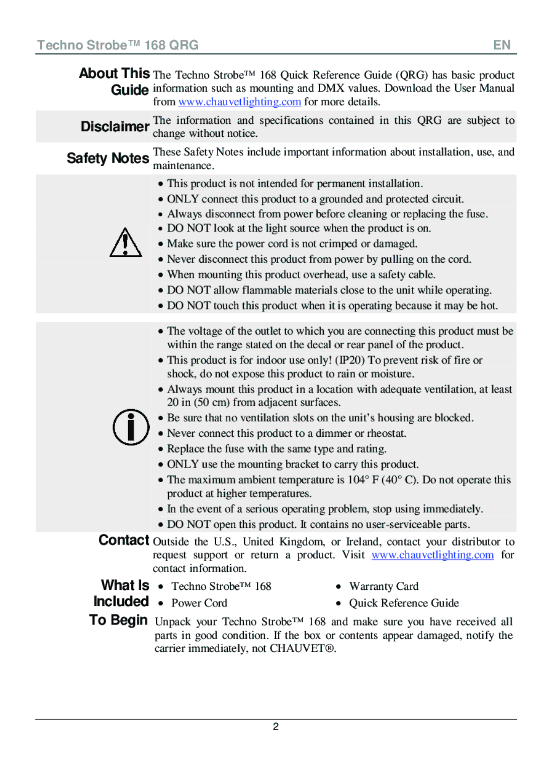 Chauvet 168 manual What Is, Included 