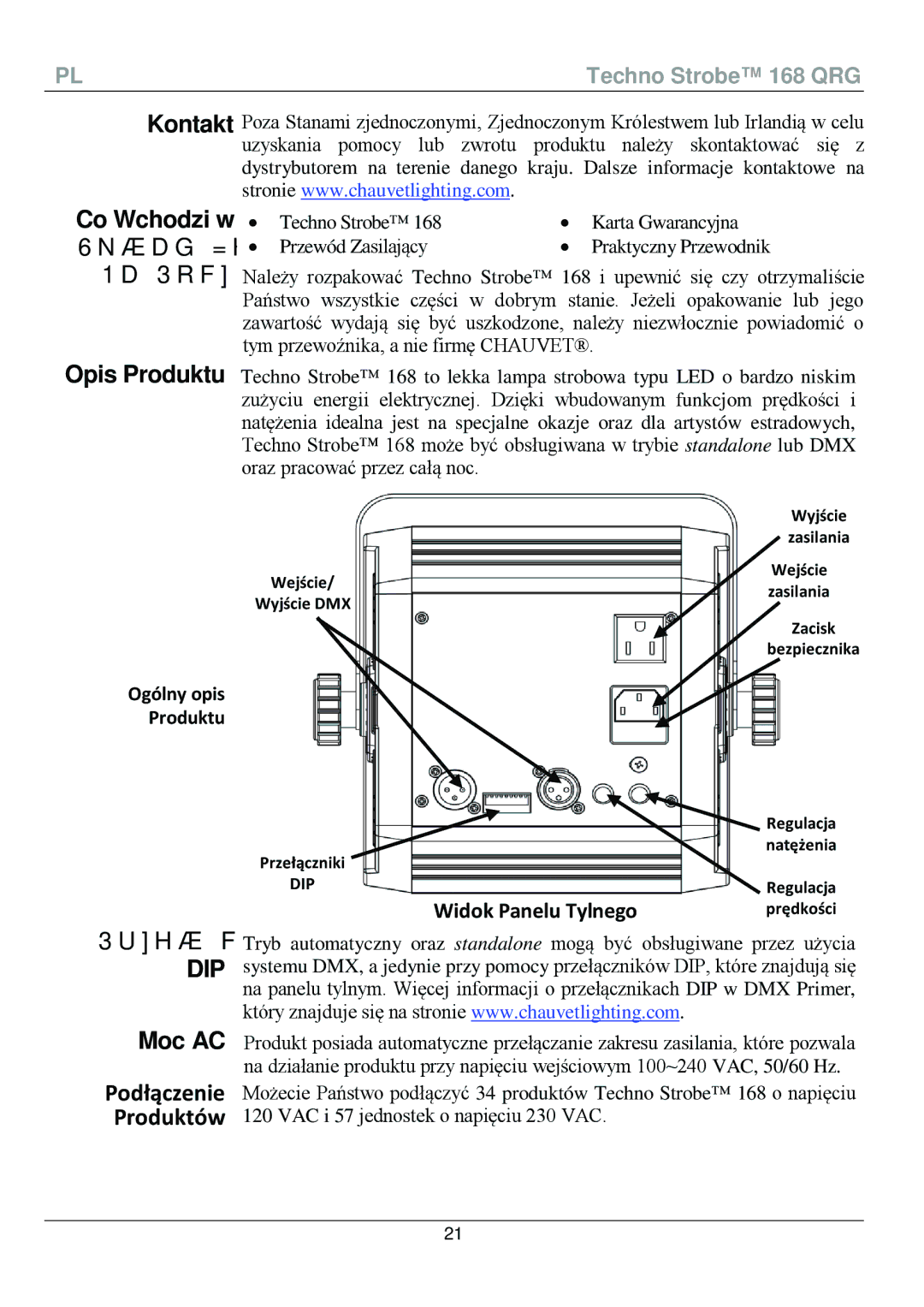 Chauvet 168 manual Co Wchodzi w Skład Zestawu Na Początku Opis Produktu, Przełączniki, Moc AC, Produktów 