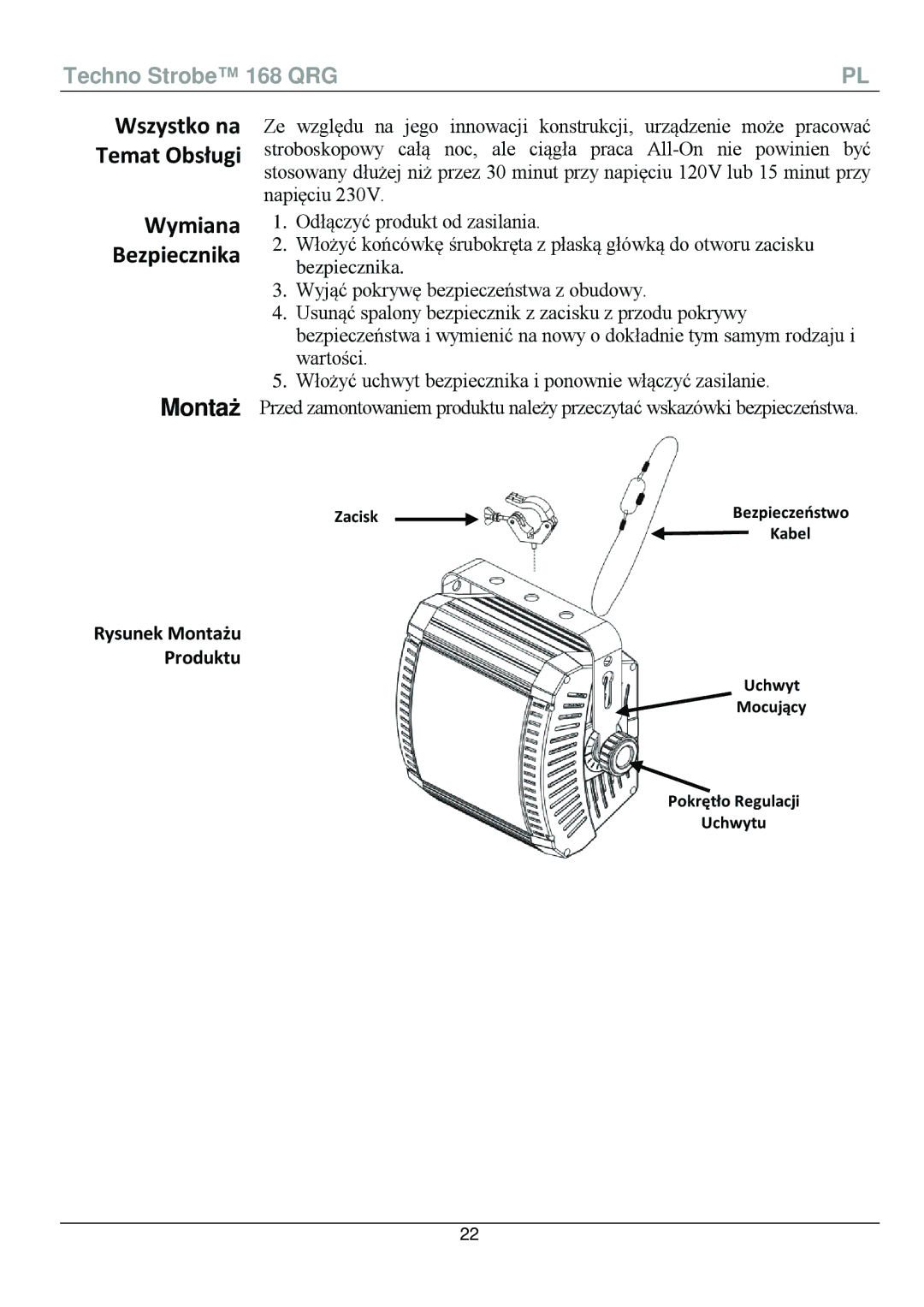 Chauvet 168 manual Wszystko na Temat Obsługi Wymiana Bezpiecznika, Montaż 