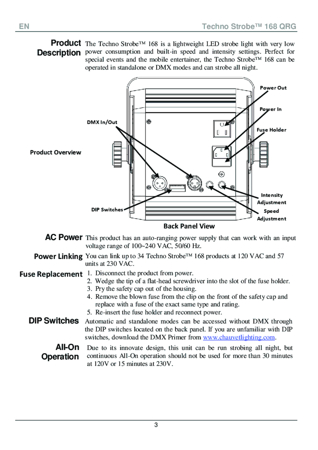 Chauvet 168 manual Product Description, AC Power, Power Linking Fuse Replacement, DIP Switches 