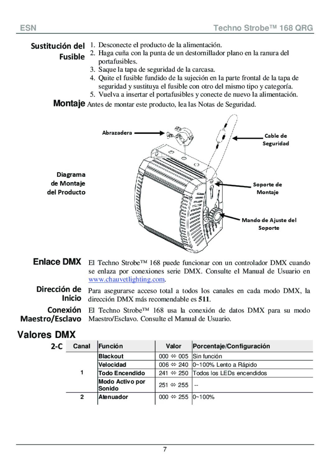 Chauvet 168 manual Valores DMX, Enlace DMX, Dirección de Inicio Conexión Maestro/Esclavo 