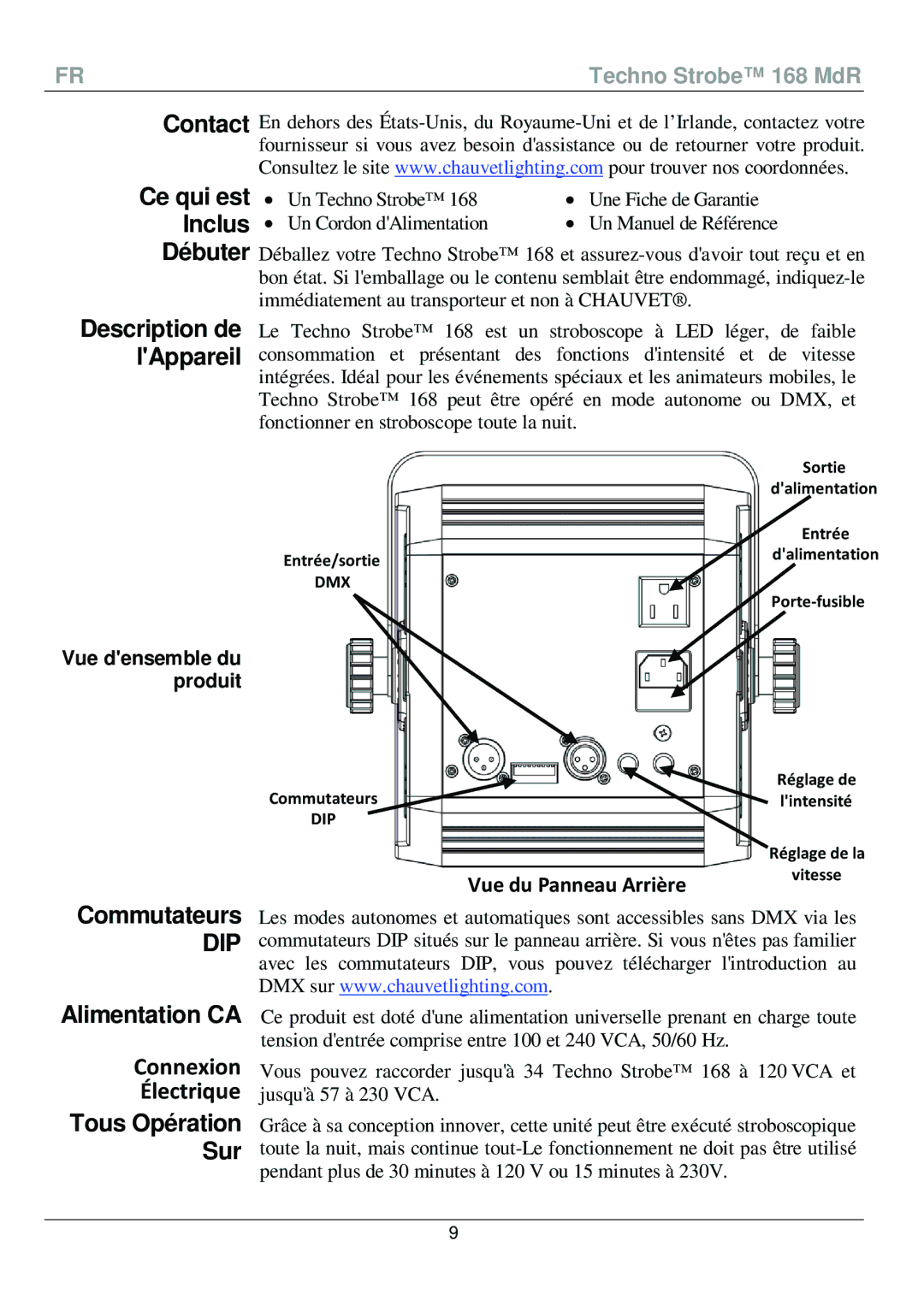 Chauvet 168 Contact Ce qui est Inclus Débuter, Commutateurs, Alimentation CA, Connexion Électrique, Tous Opération Sur 