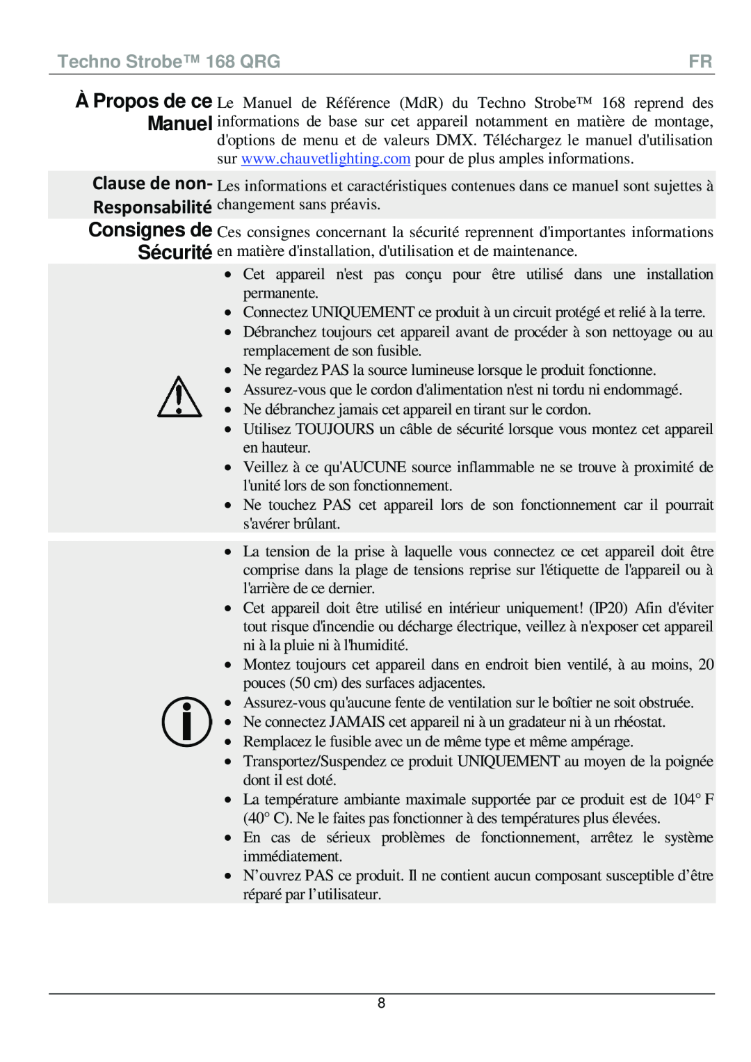 Chauvet manual Clause de non, Techno Strobe 168 QRG 