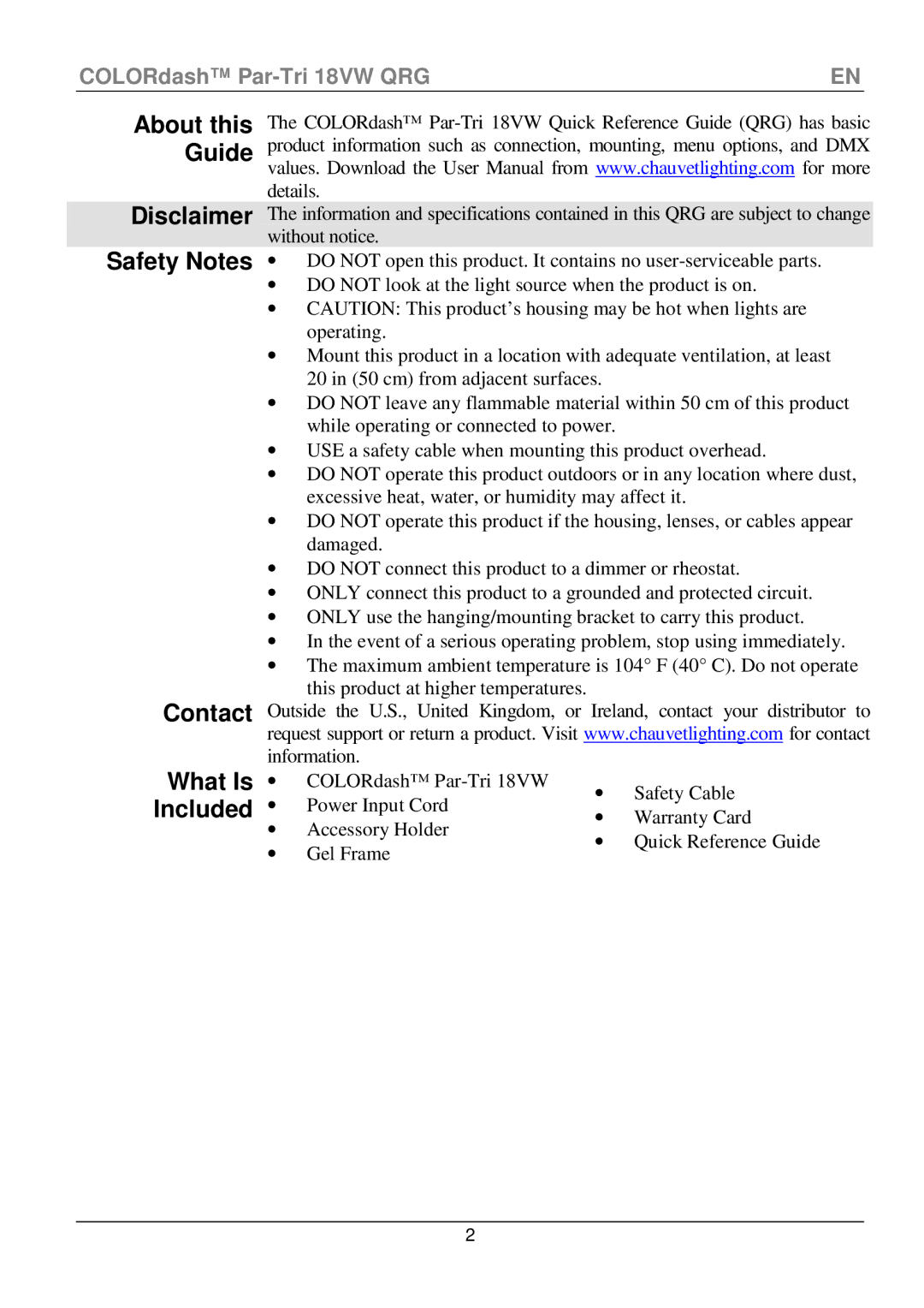 Chauvet 18VW manual Disclaimer Safety Notes Contact What Is Included 