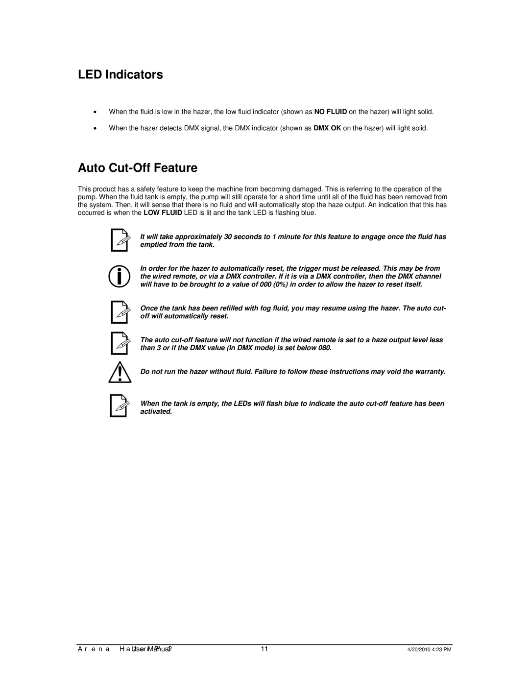 Chauvet 2 user manual LED Indicators, Auto Cut-Off Feature 