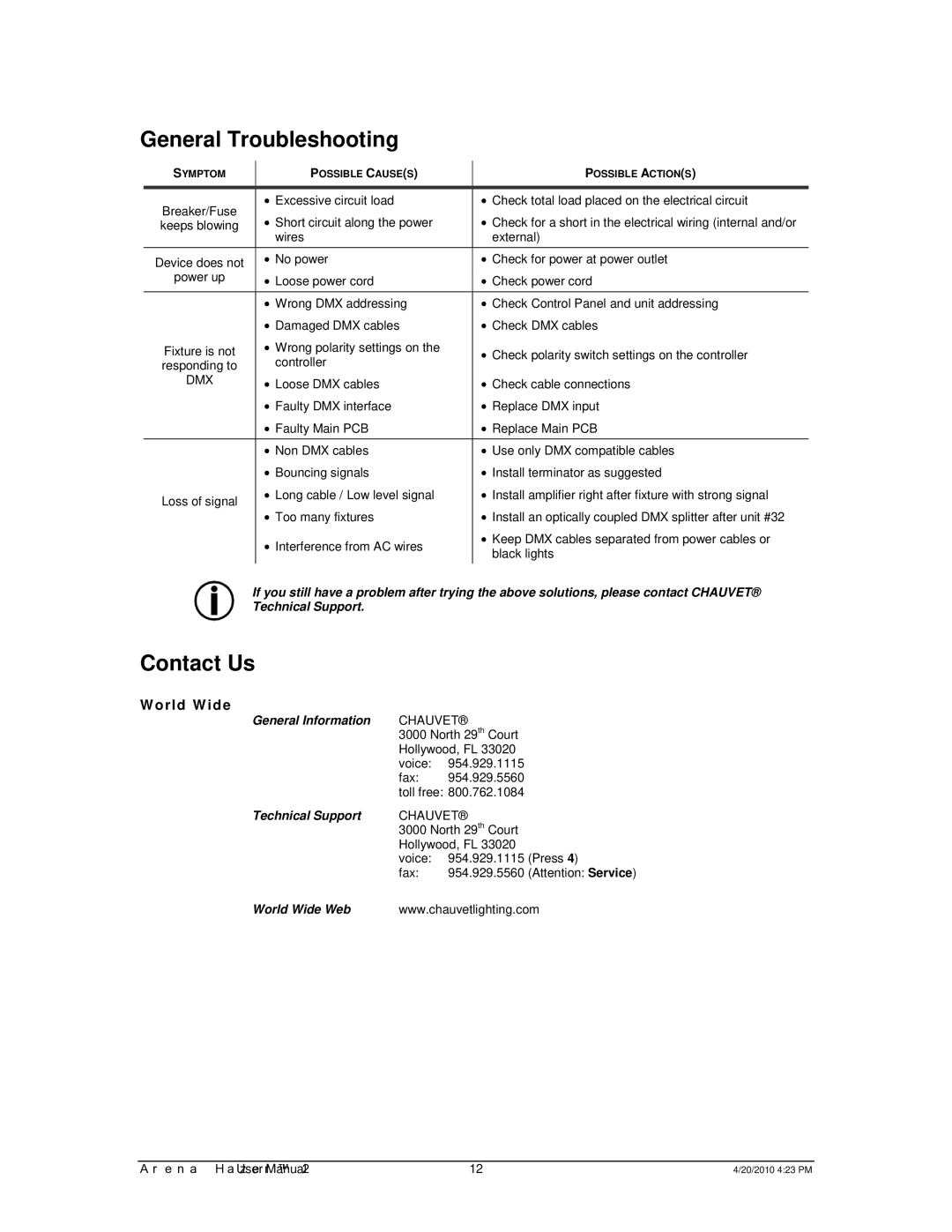 Chauvet 2 user manual General Troubleshooting, Contact Us 