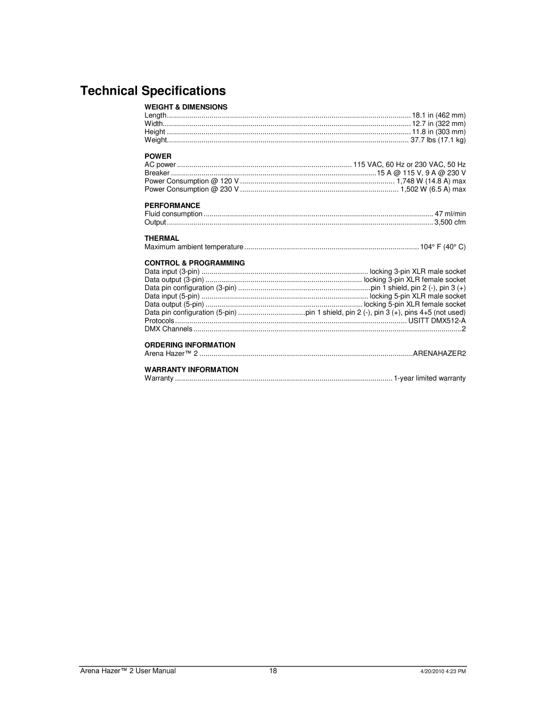 Chauvet 2 user manual Technical Specifications 