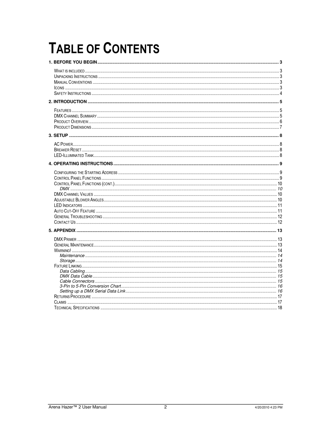 Chauvet 2 user manual Table of Contents 