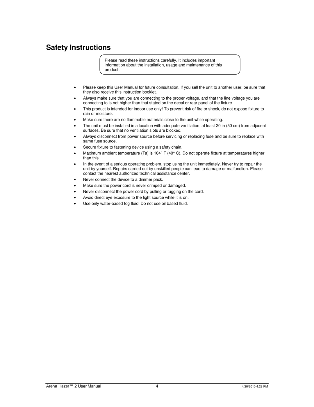 Chauvet 2 user manual Safety Instructions 