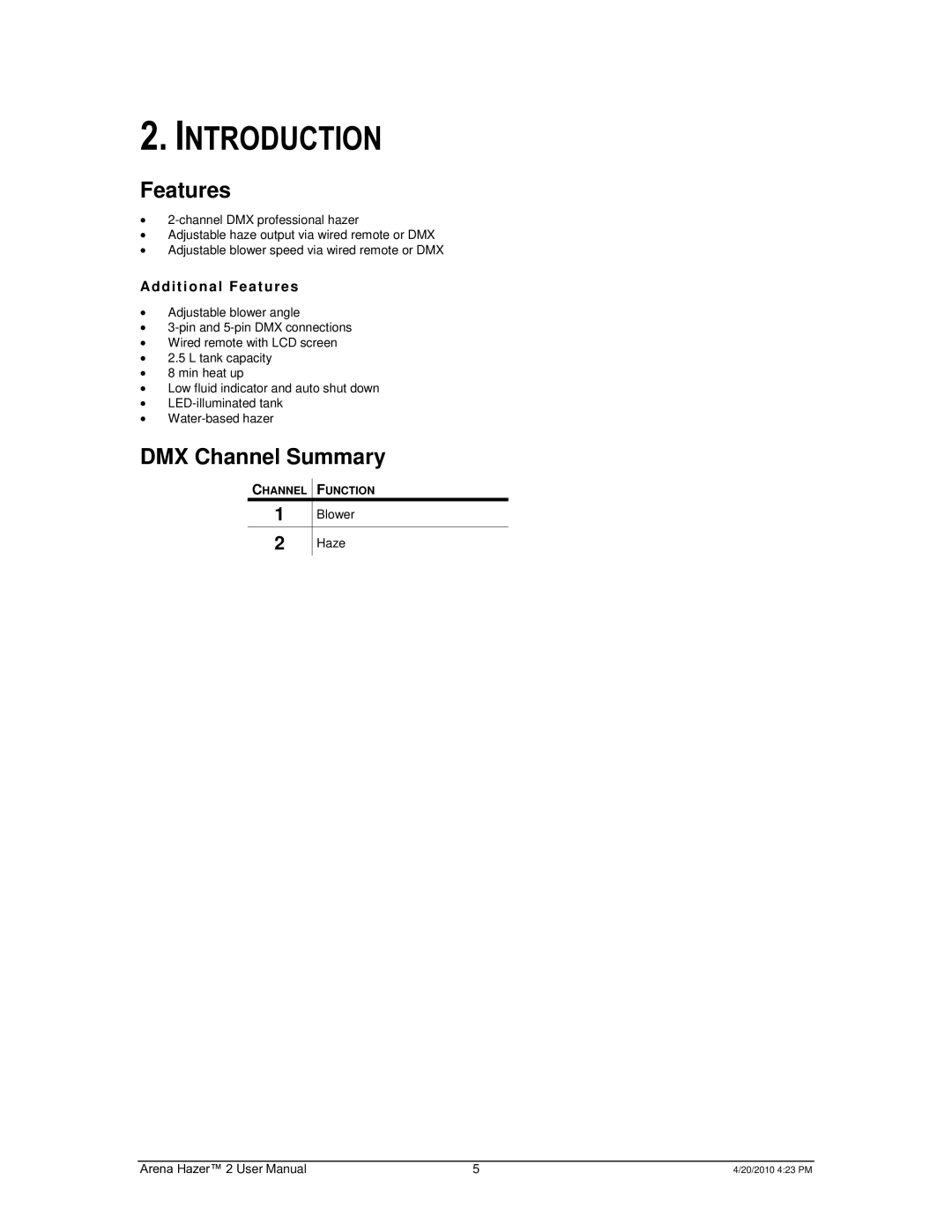 Chauvet 2 user manual Introduction, Features, DMX Channel Summary 