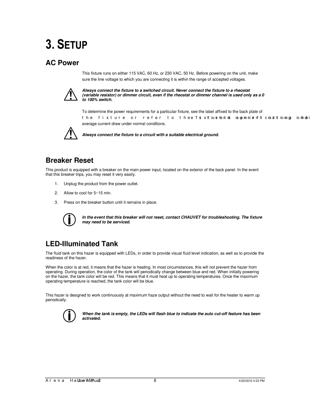 Chauvet 2 user manual Setup, AC Power, Breaker Reset, LED-Illuminated Tank 