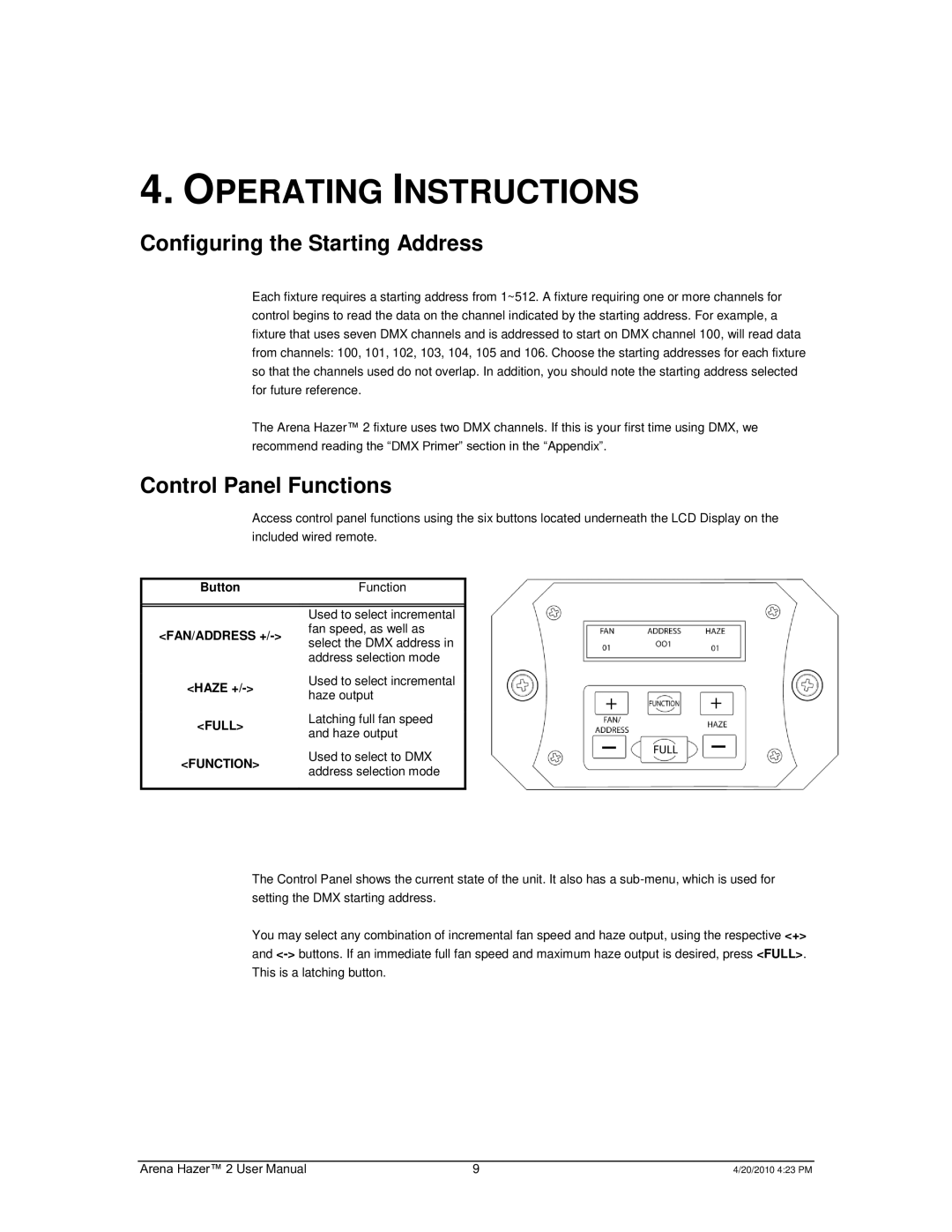 Chauvet 2 user manual Operating Instructions, Configuring the Starting Address, Control Panel Functions 