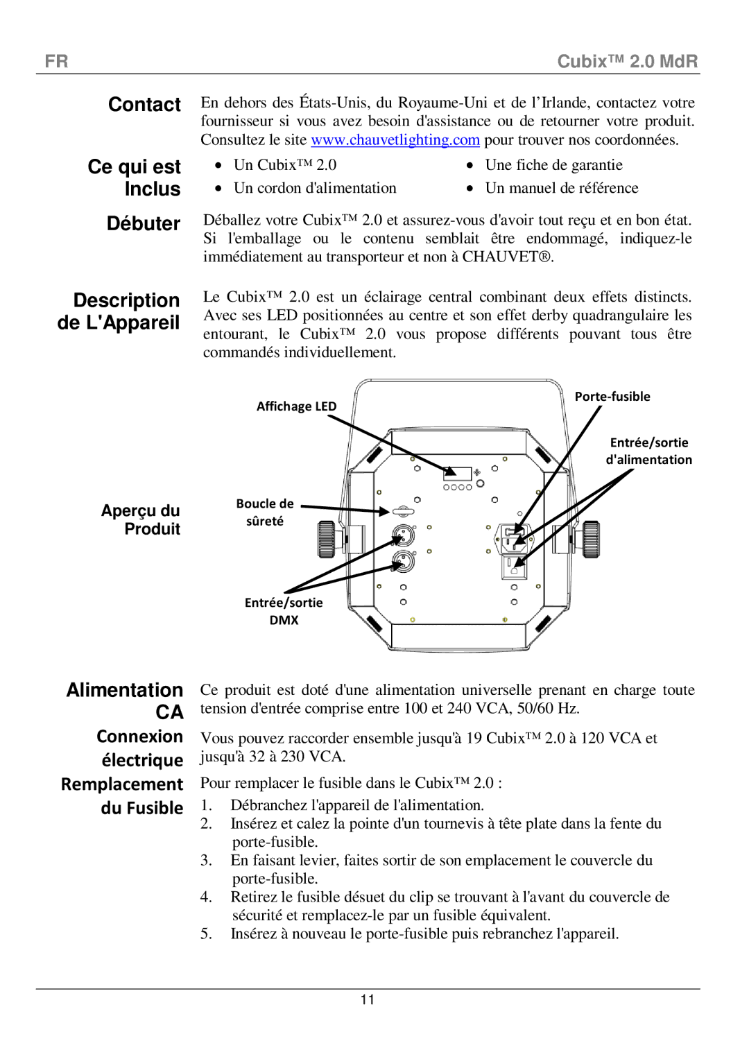 Chauvet 2 manual Connexion, Électrique, Du Fusible 