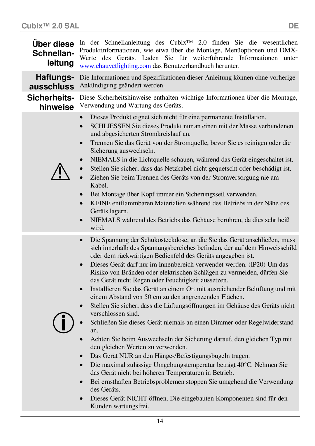 Chauvet 2 manual Über diese Schnellan- leitung Haftungs- ausschluss, Sicherheits- hinweise 