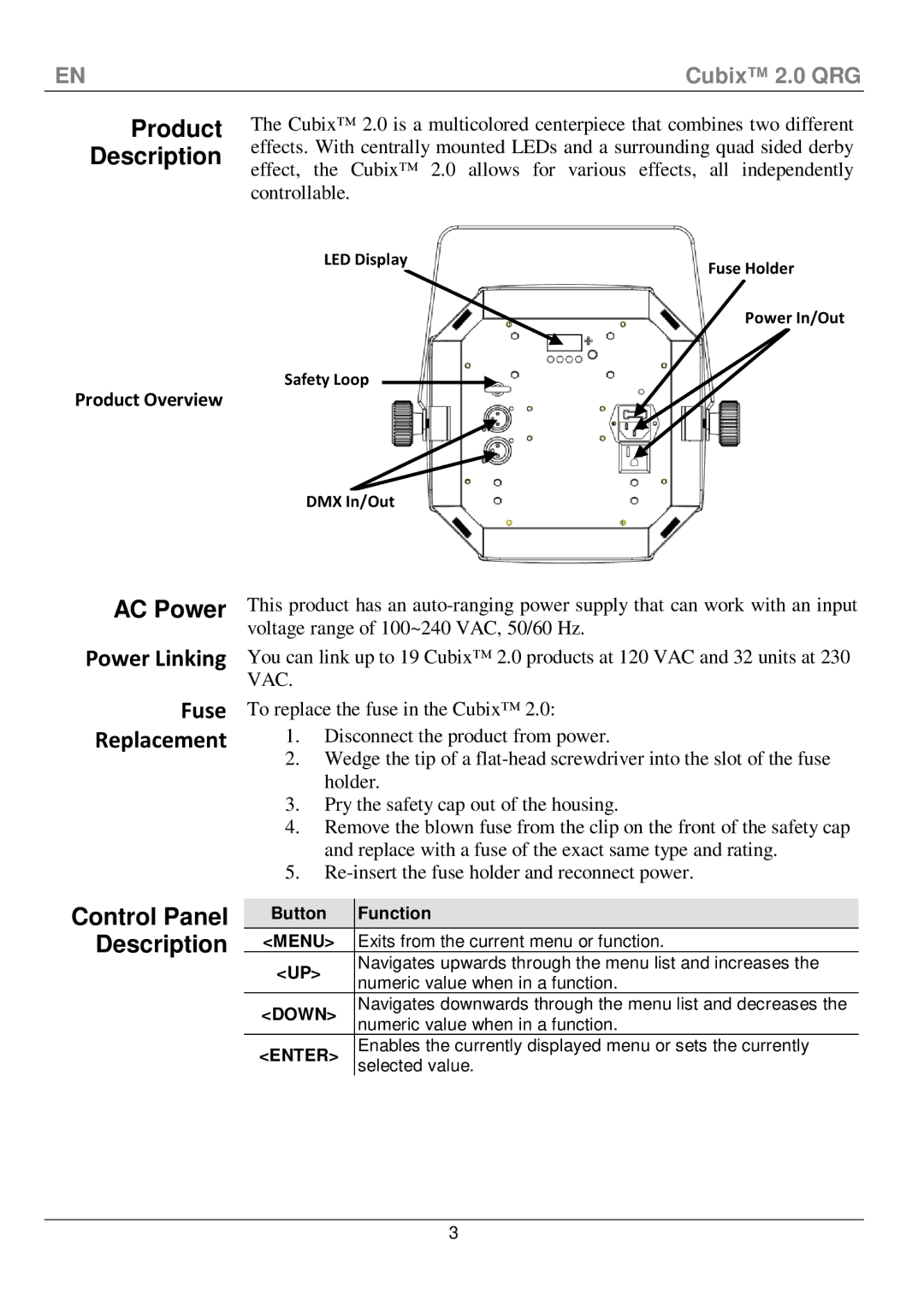 Chauvet 2 manual Product Description, AC Power, Power Linking, Fuse, Replacement 