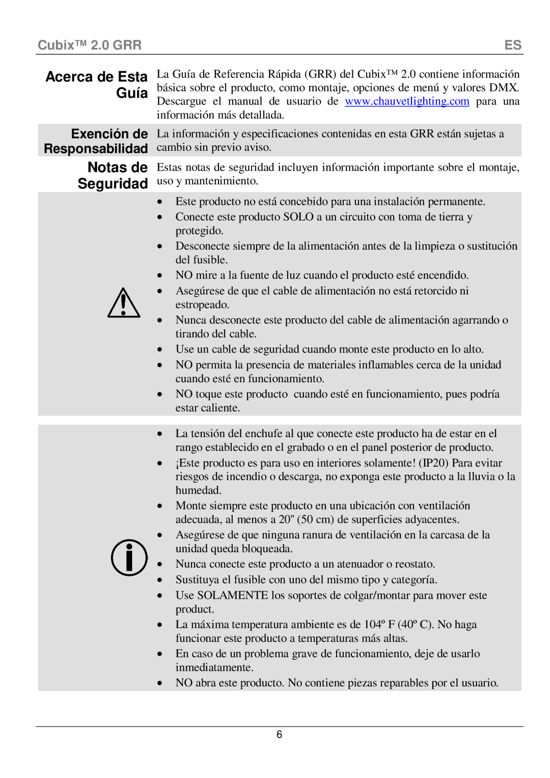 Chauvet 2 manual Notas de Seguridad, Acerca de Esta Guía 