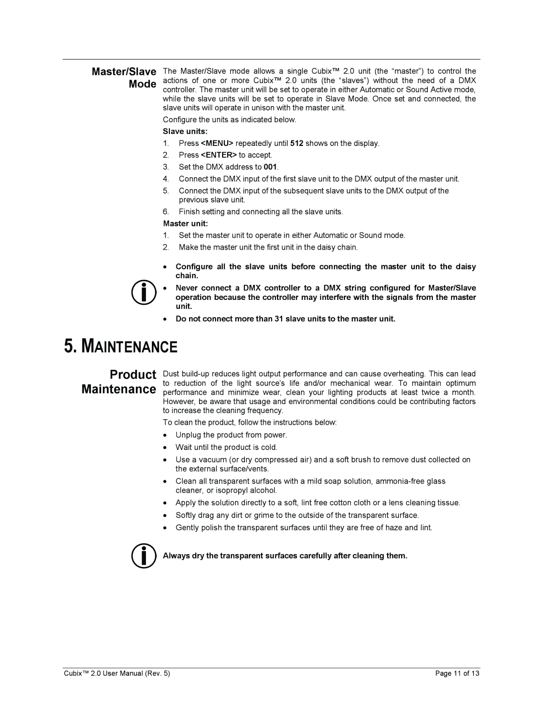 Chauvet 2 user manual Product Maintenance, Master/Slave Mode, Slave units, Master unit 