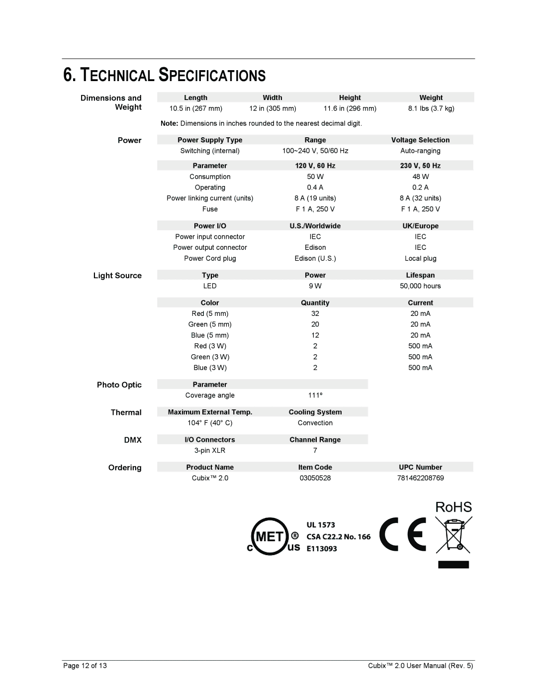 Chauvet 2 user manual Technical Specifications 