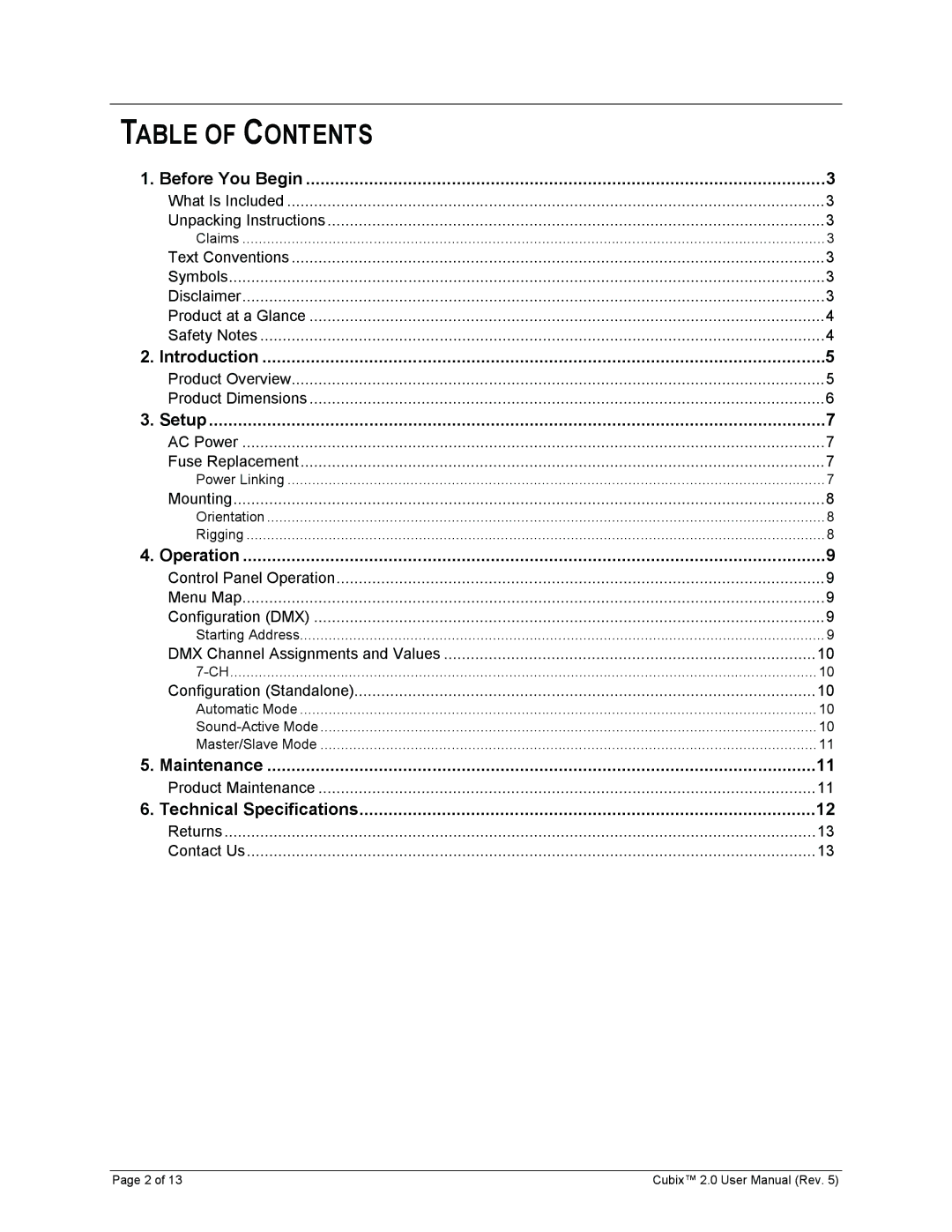 Chauvet 2 user manual Table of Contents 