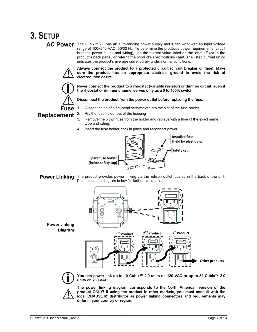 Chauvet 2 user manual Setup, AC Power Fuse Replacement 