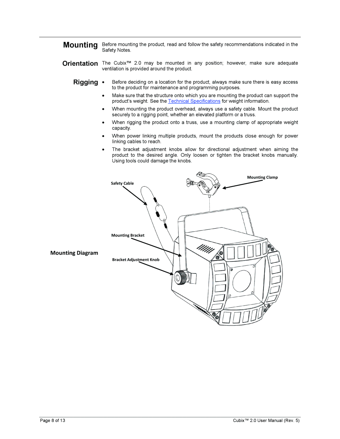 Chauvet 2 user manual Mounting, Orientation, Rigging 