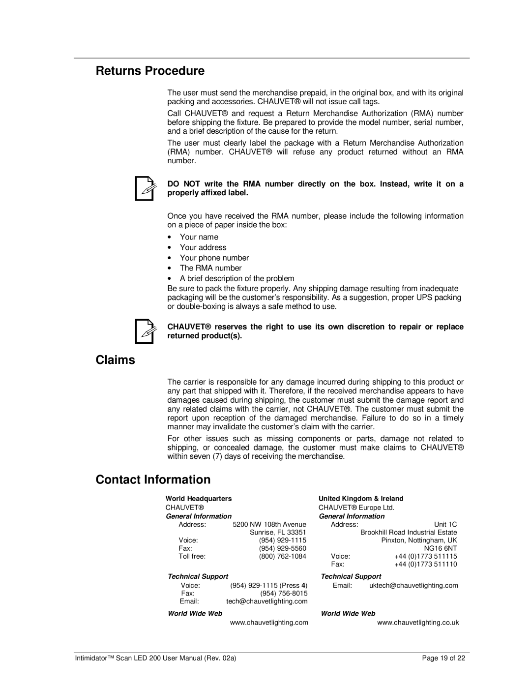 Chauvet 200 user manual Returns Procedure, Claims, Contact Information, World Headquarters United Kingdom & Ireland 