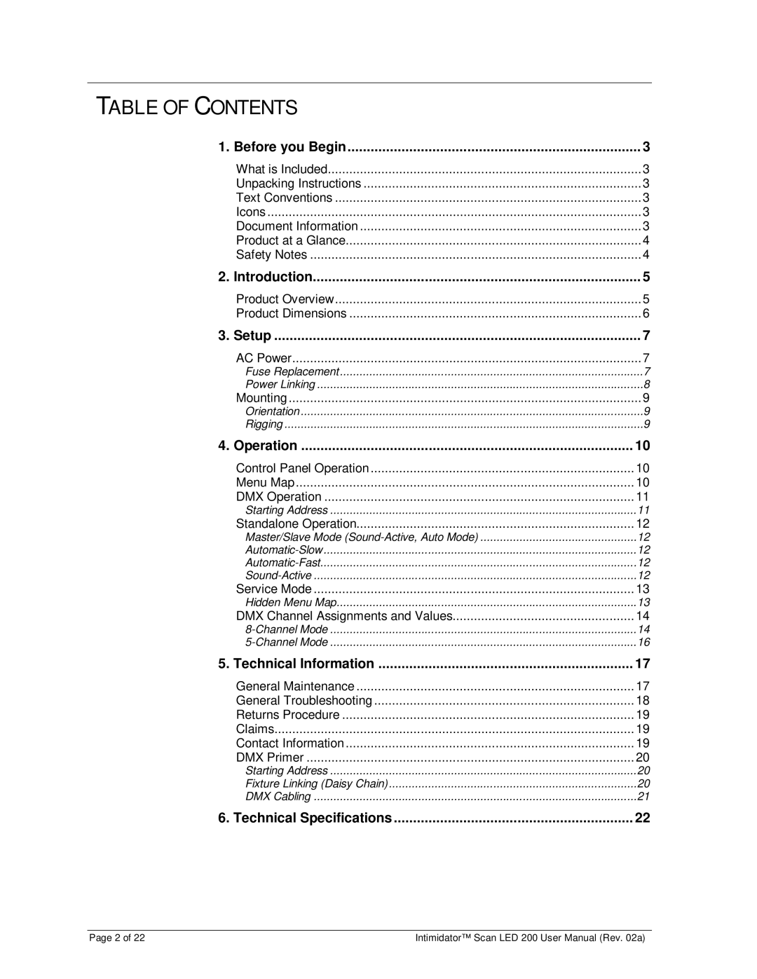 Chauvet 200 user manual Table of Contents 