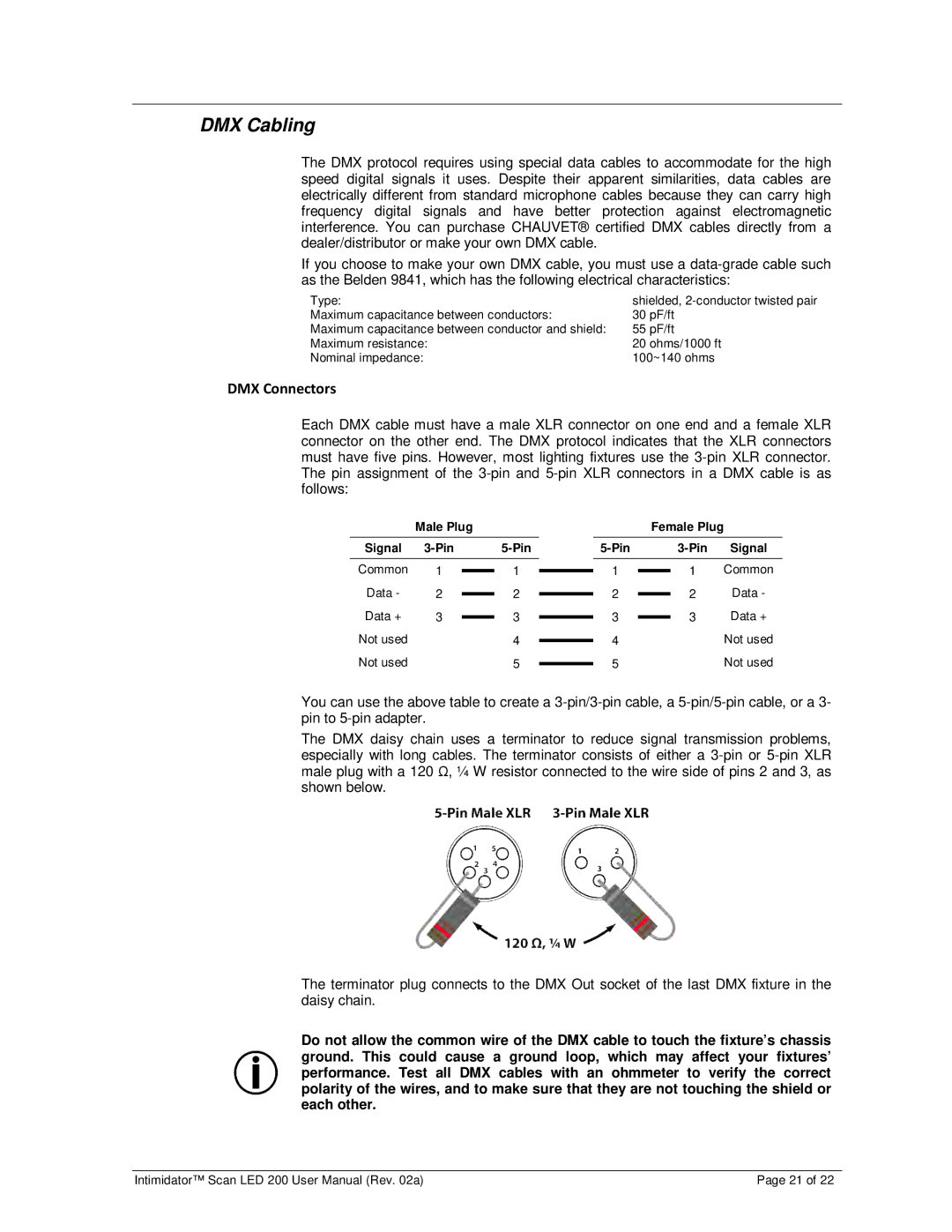 Chauvet 200 user manual DMX Cabling, Male Plug, Female Plug 