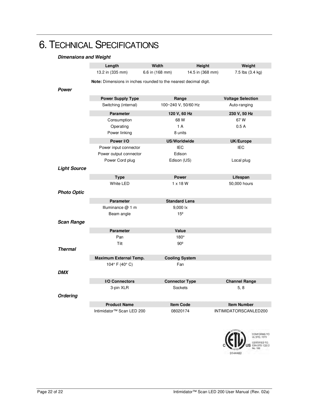 Chauvet 200 user manual Technical Specifications 