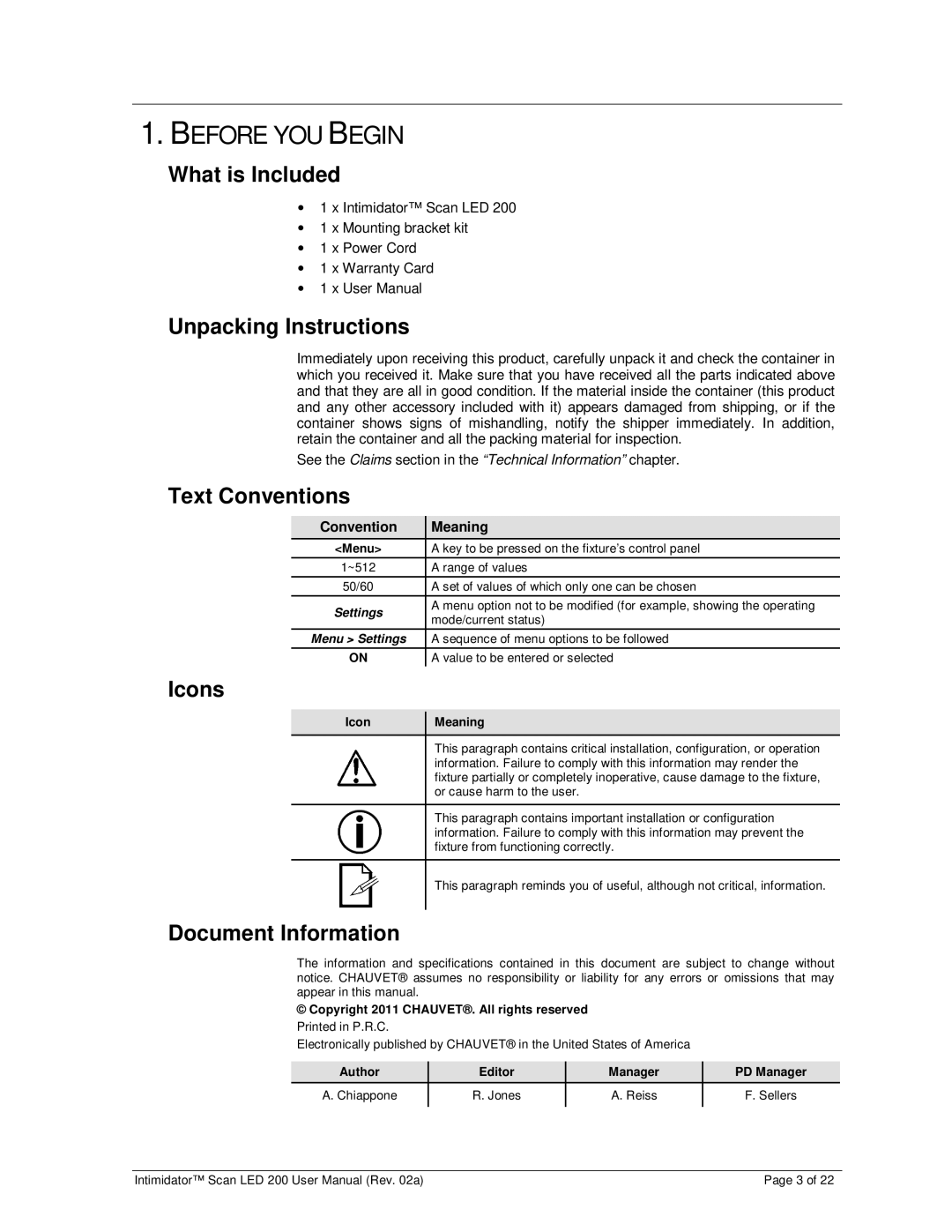 Chauvet 200 user manual Before YOU Begin 