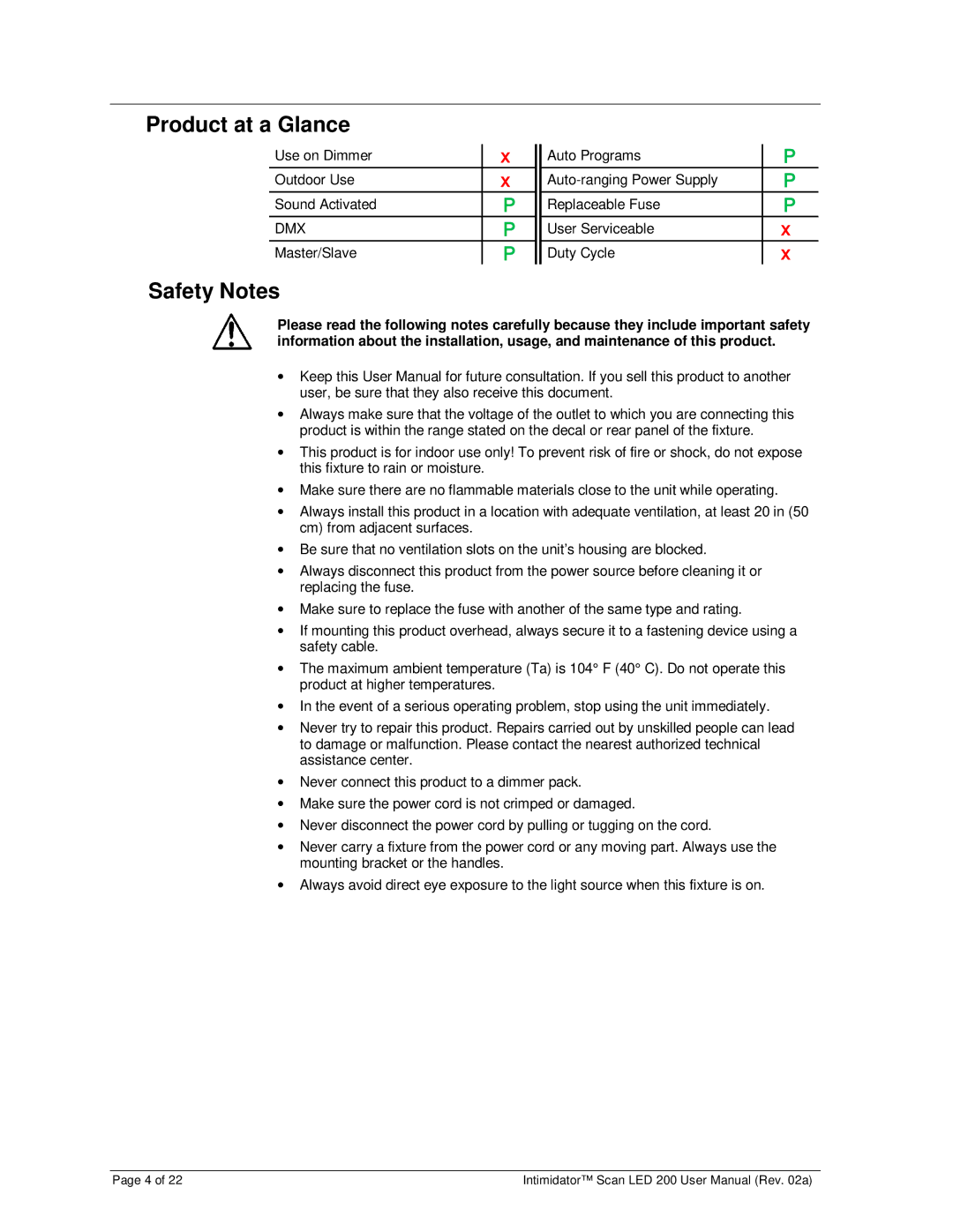 Chauvet 200 user manual Product at a Glance, Safety Notes 