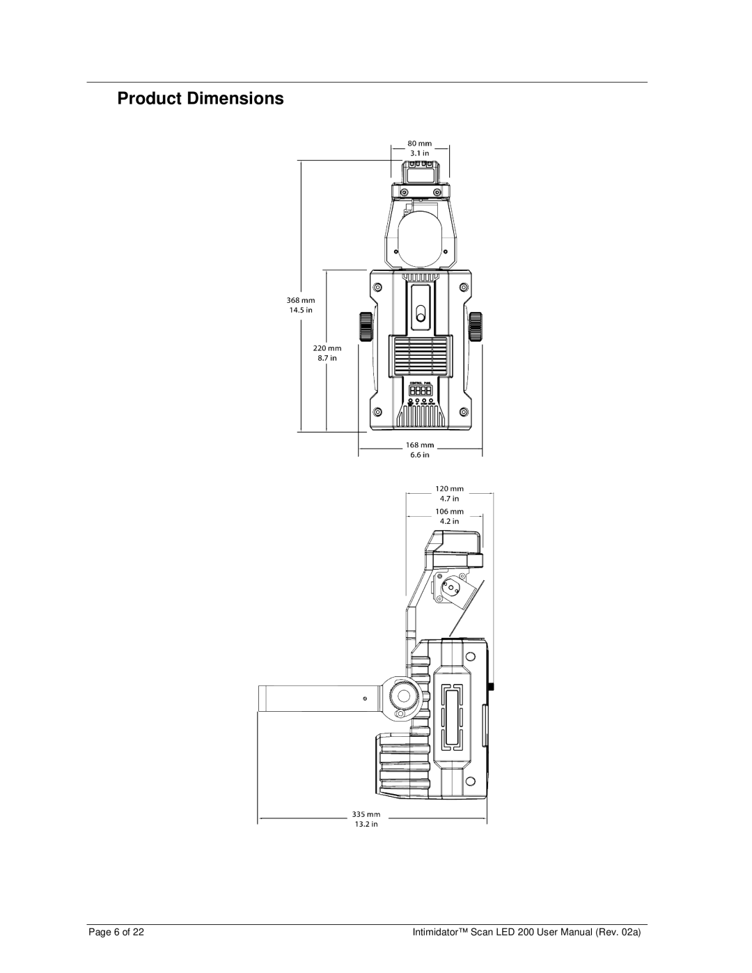 Chauvet 200 user manual Product Dimensions 