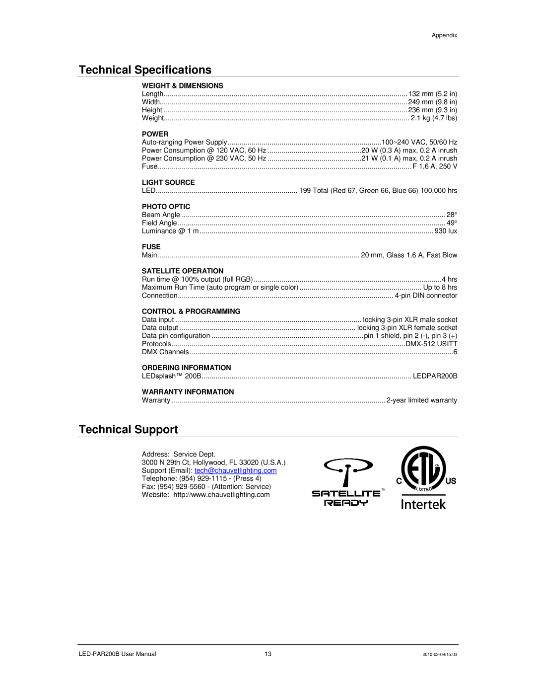 Chauvet 200B user manual Technical Specifications, Technical Support 